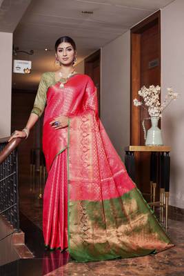 Peach hand woven kanchipuram silk blend saree with blouse 1