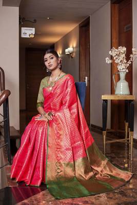 Peach hand woven kanchipuram silk blend saree with blouse 2