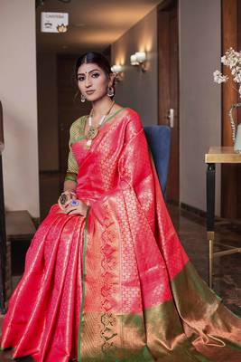 Peach hand woven kanchipuram silk blend saree with blouse 3