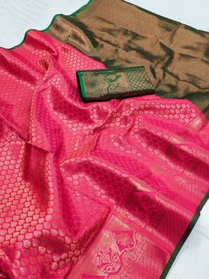 Peach hand woven kanchipuram silk blend saree with blouse 4