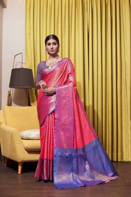 Peach hand woven kanchipuram silk blend saree with blouse 1