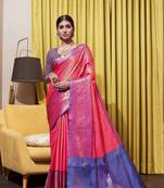 Peach hand woven kanchipuram silk blend saree with blouse