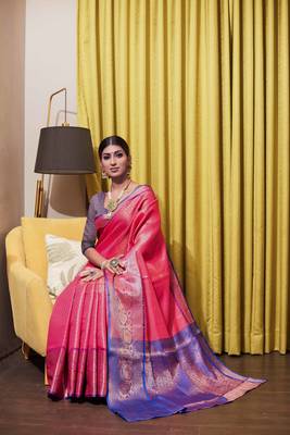 Peach hand woven kanchipuram silk blend saree with blouse 2