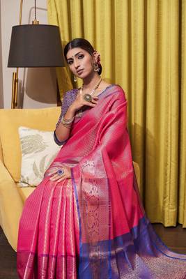 Peach hand woven kanchipuram silk blend saree with blouse 3