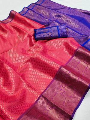 Peach hand woven kanchipuram silk blend saree with blouse 4