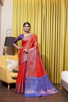 Red hand woven kanchipuram silk blend saree with blouse