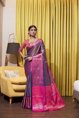 Navy blue hand woven kanchipuram silk blend saree with blouse 1