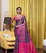 Navy blue hand woven kanchipuram silk blend saree with blouse