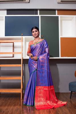 Blue hand woven kanchipuram silk blend saree with blouse 1
