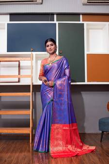 Blue hand woven kanchipuram silk blend saree with blouse