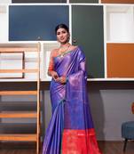 Blue hand woven kanchipuram silk blend saree with blouse