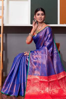 Blue hand woven kanchipuram silk blend saree with blouse 2