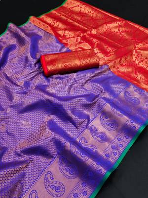 Blue hand woven kanchipuram silk blend saree with blouse 4