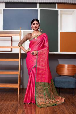 Pink hand woven kanchipuram silk blend saree with blouse 1