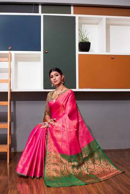 Pink hand woven kanchipuram silk blend saree with blouse 2