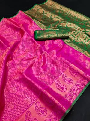 Pink hand woven kanchipuram silk blend saree with blouse 4
