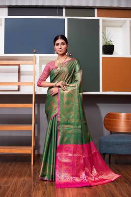 Green hand woven kanchipuram silk blend saree with blouse 2