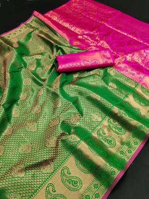 Green hand woven kanchipuram silk blend saree with blouse 1