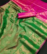 Green hand woven kanchipuram silk blend saree with blouse