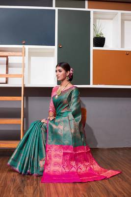Turquoise hand woven Faux kanchipuram silk saree with blouse 3