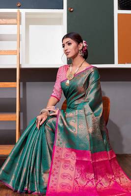 Turquoise hand woven Faux kanchipuram silk saree with blouse 4