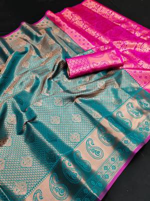 Turquoise hand woven Faux kanchipuram silk saree with blouse 1