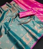 Turquoise hand woven Faux kanchipuram silk saree with blouse