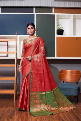 Maroon hand woven kanchipuram silk blend saree with blouse 1