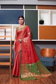 Maroon hand woven kanchipuram silk blend saree with blouse