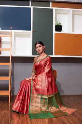 Maroon hand woven kanchipuram silk blend saree with blouse 2