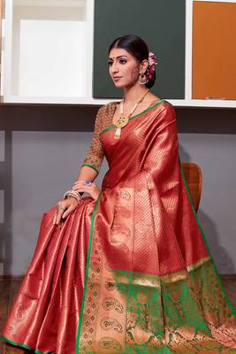 Maroon hand woven kanchipuram silk blend saree with blouse 3