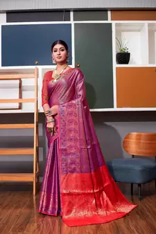 Wine hand woven kanchipuram silk blend saree with blouse