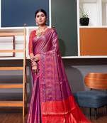 Wine hand woven kanchipuram silk blend saree with blouse