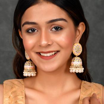 Yellow Meenakari and Kundan studded Gold Plated Jhumka earrings 1