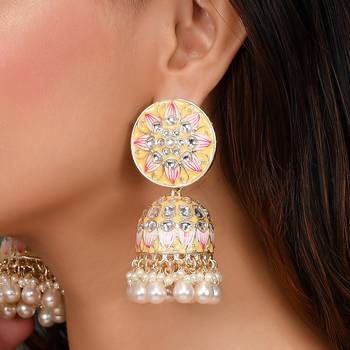 Yellow Meenakari and Kundan studded Gold Plated Jhumka earrings 2