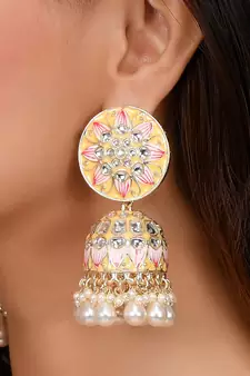 Yellow Meenakari and Kundan studded Gold Plated Jhumka earrings