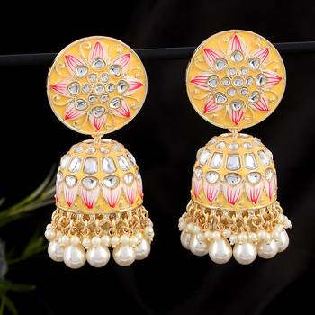 Yellow Meenakari and Kundan studded Gold Plated Jhumka earrings 3
