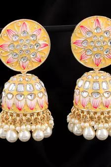 Yellow Meenakari and Kundan studded Gold Plated Jhumka earrings