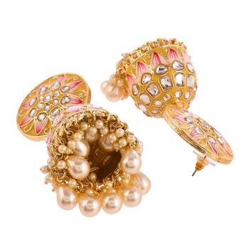 Yellow Meenakari and Kundan studded Gold Plated Jhumka earrings 4
