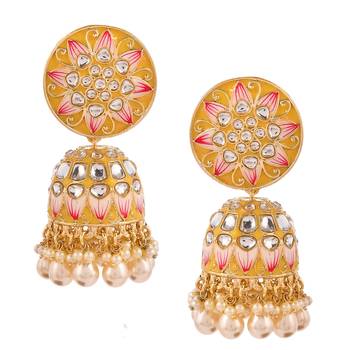 Yellow Meenakari and Kundan studded Gold Plated Jhumka earrings 5