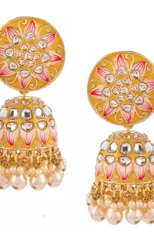 Yellow Meenakari and Kundan studded Gold Plated Jhumka earrings