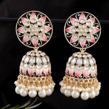 Black Meenakari and Kundan studded Gold Plated Jhumka earrings 1