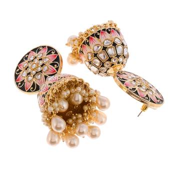 Black Meenakari and Kundan studded Gold Plated Jhumka earrings 2
