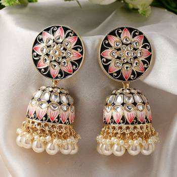 Black Meenakari and Kundan studded Gold Plated Jhumka earrings 3