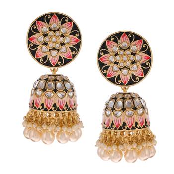 Black Meenakari and Kundan studded Gold Plated Jhumka earrings 4