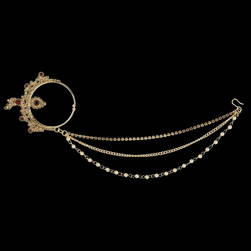 Gold Color Pearl Nathiya with Pearl Layered Chain Bridal Jewelry