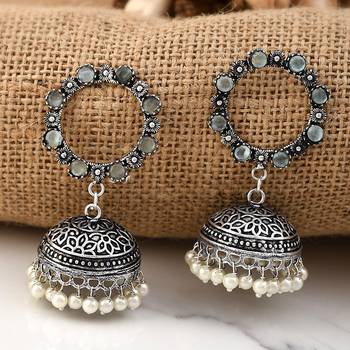 Oxidised Silver Mint stones Round shaped Jhumki Earrings 1