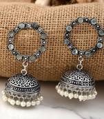 Oxidised Silver Mint stones Round shaped Jhumki Earrings