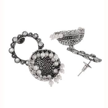 Oxidised Silver Mint stones Round shaped Jhumki Earrings 2