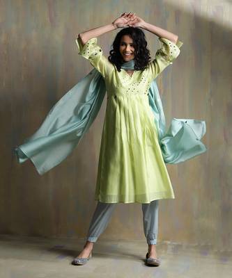 Lime Yellow, Cool Blue And Aqua Green Kurta Sets 7